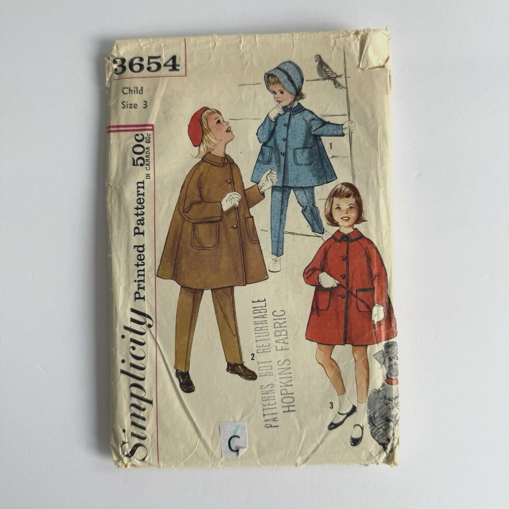 Vintage 1960s Simplicity 3654 Child Pea Coat Pants Hat Sewing Pattern Sz 3